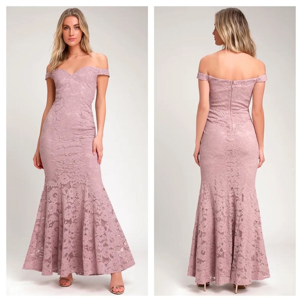NWT Lulus Swept Up Maeve Pink Lace Off-the-Shoulder Mermaid Maxi Dress Medium
